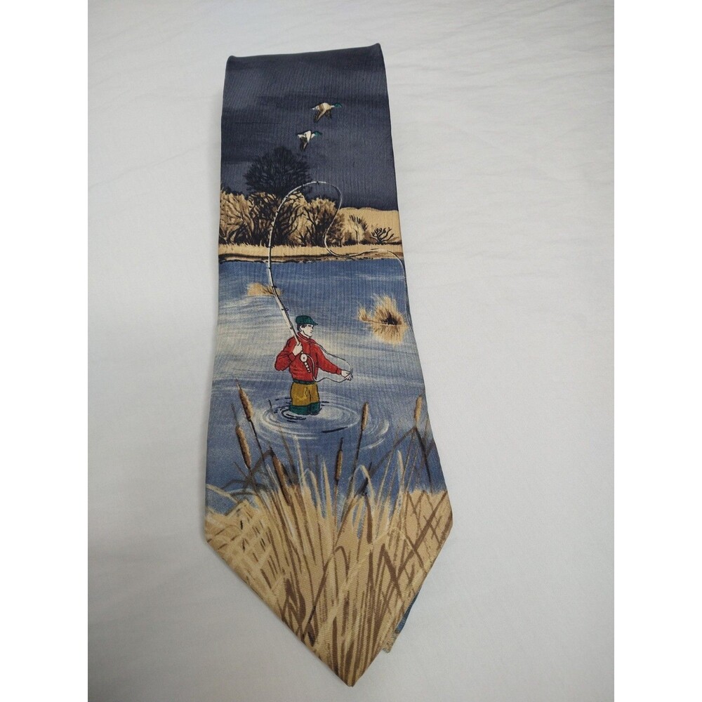 Ducks Unlimited Fly-Fishing Scene Flying Ducks 100% Silk Tie Made in USA